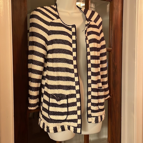 Promod blue and white striped knit cardigan jacket - size medium - Picture 2 of 4